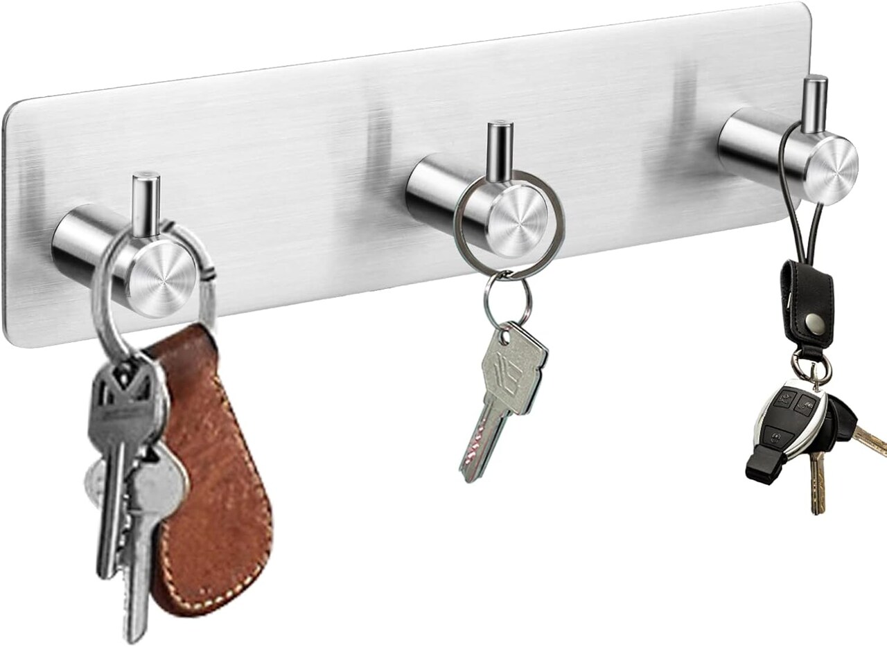 Key Holder for Wall, Self Adhesive Key Rack Key Hooks for Keys and Masks to Hang, Easy Mount Key Hanger for Wall, Entryway, Bathroom, Kitchen, Office, Stainless Steel~3 Hooks